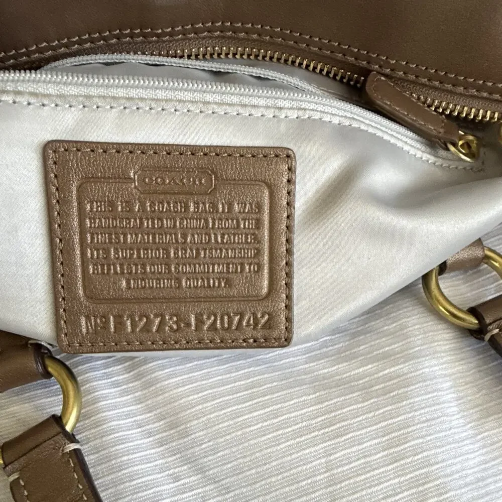 Coach Brown Embossed Logo Tote Bag Zip Closure Gold Hardware Double Handles